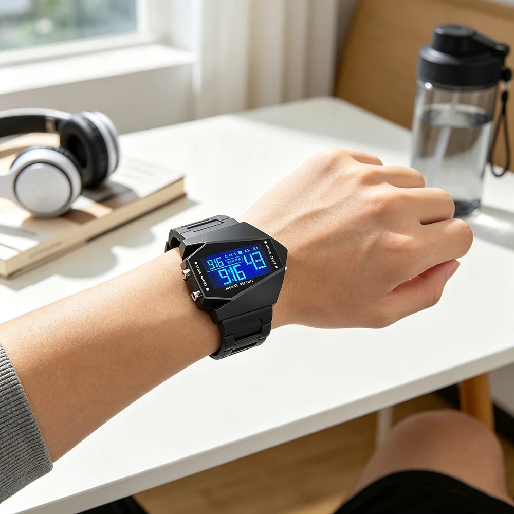 Image of Sportliche Digitaluhr für Jungen, Herren, schwarz, unregelmäßige Flugzeugform, LED-Kinderuhr für Teenager, Studenten, Outdoor, Laufen, Geschenk