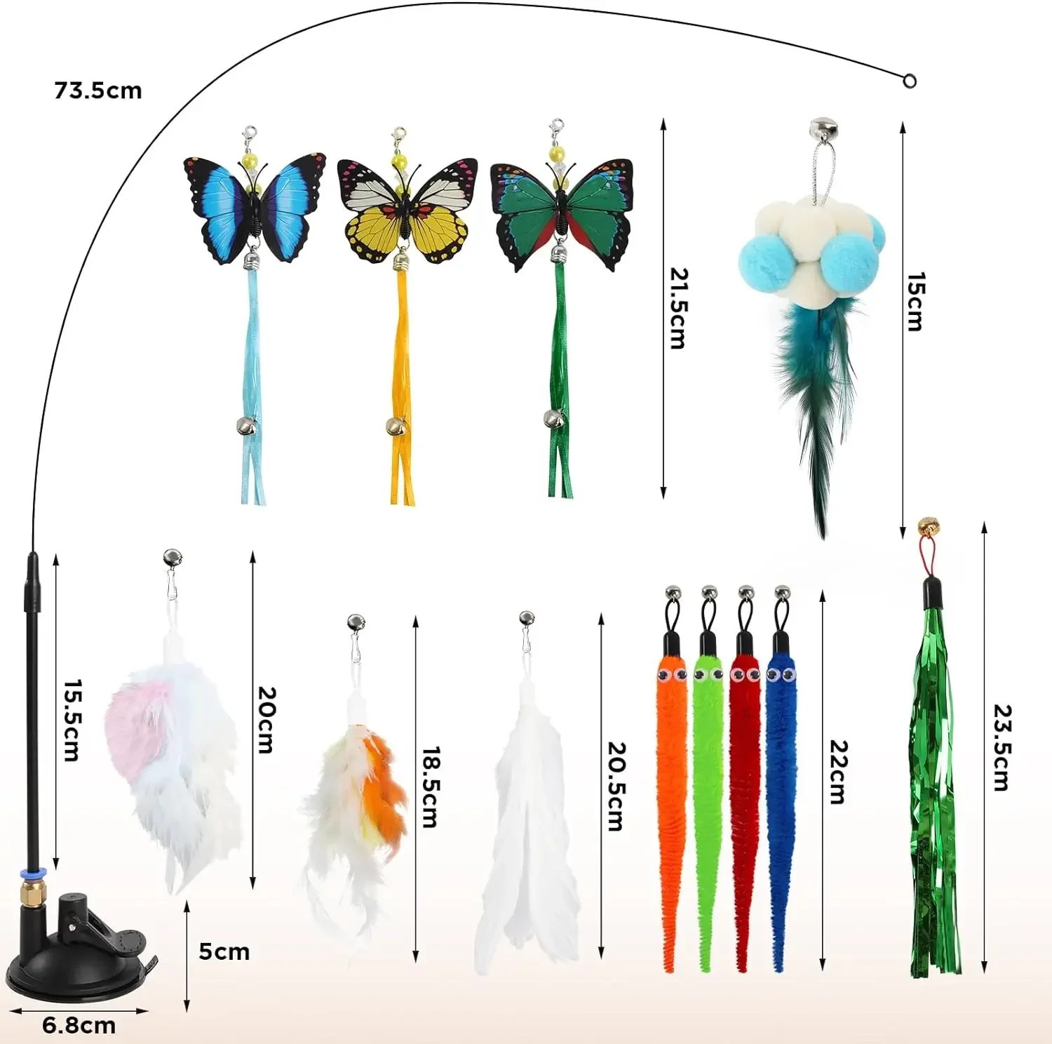 15pcs Cat Toys Feathers Wand Interactive Toy Kitten Toys with Super Suction Cup Replacement Feather Bug Butterfly Worm with Bell