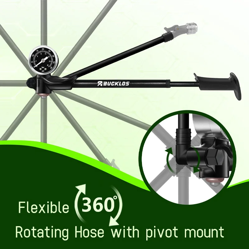 Afbeelding 7: BUCKLOS Fiets Luchtvorkpomp 400psi 300psi Fiets Hogedruk Luchtpomp Schrader Ventiel MTB Barometer Draaibare Slang Inflator