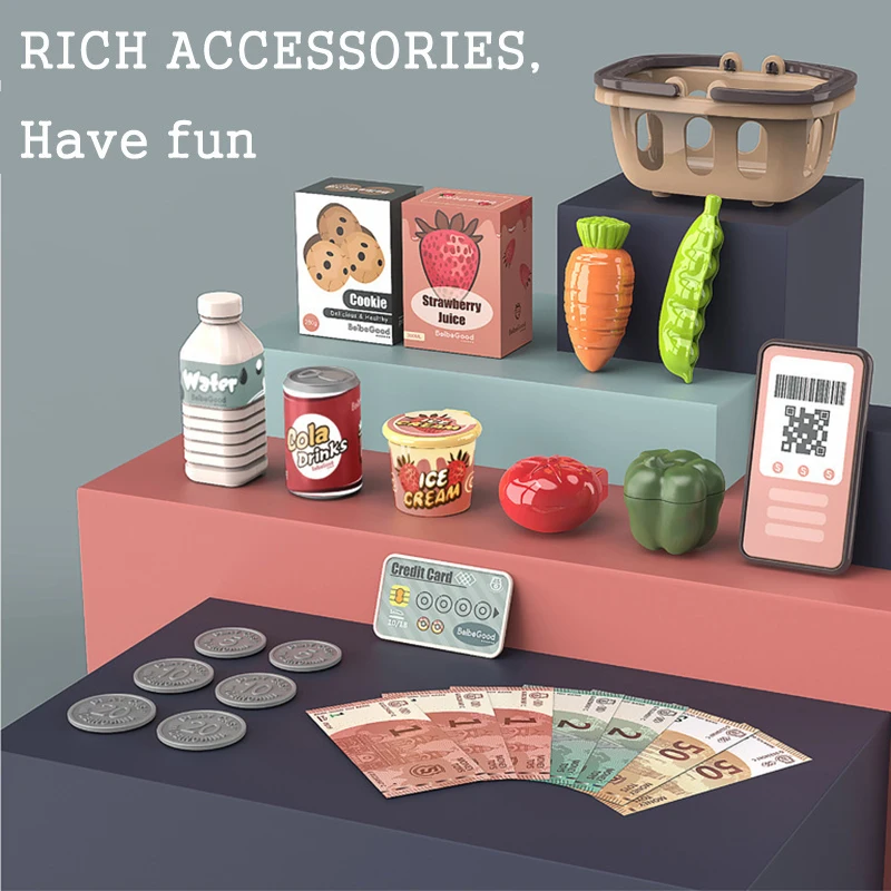 JY-25개 미니 시뮬레이션 전자 슈퍼마켓 계산대 키트 다기능 어린이 역할놀이 세트