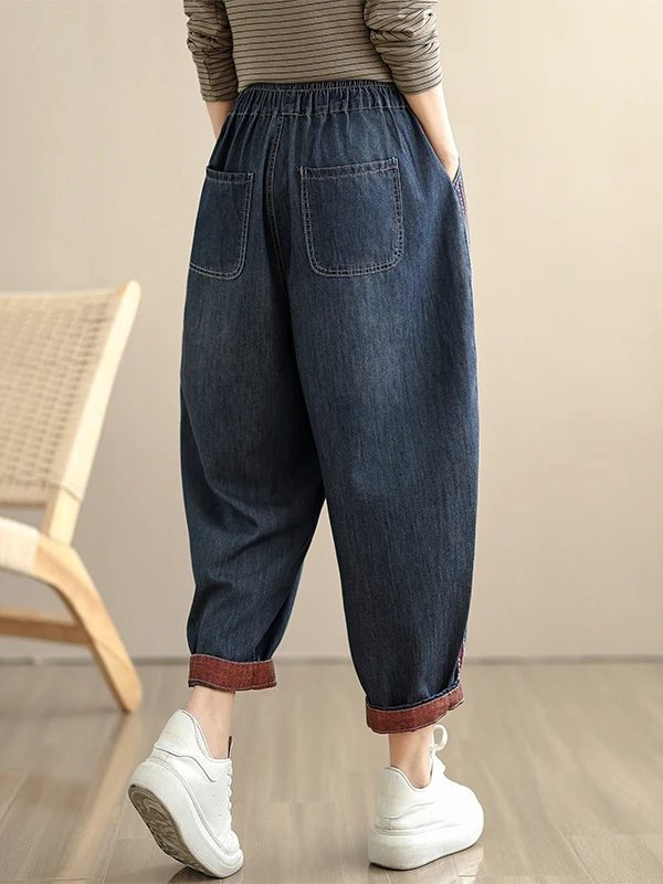 กางเกงยีนส์เดนิมทรงหลวมแบบเรโทร แต่งผ้าปะติด ปลายขาจั๊มพ์ เอวสูง ทรงสลิม 9 ส่วน สไตล์ลำลอง สำหรับผู้หญิงไซส์ใหญ่