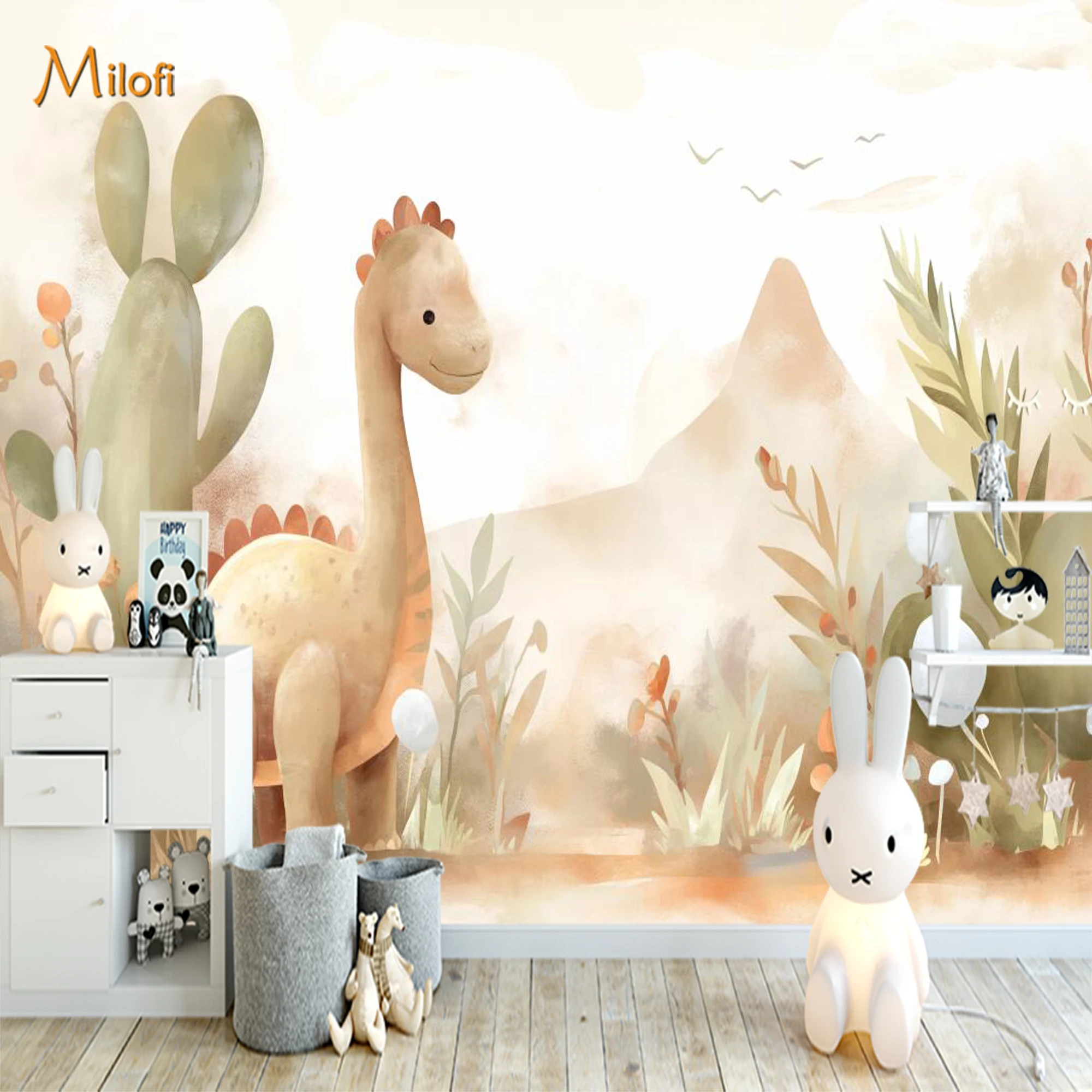 Custom Boho Baby Dinosaur Wall Mural Cute Desert Cactus Watercolor Plant Wallpaper for Kids Boys Room Nursery Decoration