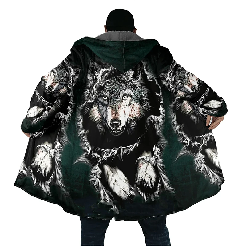 Men's Winter Jacket Fleeced Long Coats Padding Windbreaker Wolf Bear Eagle Parka Zip-up Hoodies Outerwear Parkas Warm Jackets