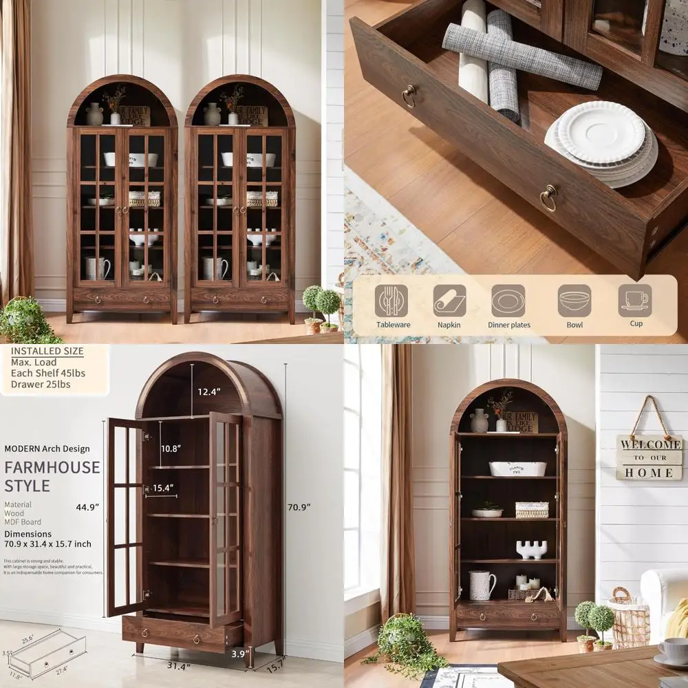 

Modern Tall 71 Farmhouse Style Glass Door Display Cabinet with Drawers and Adjustable Shelves