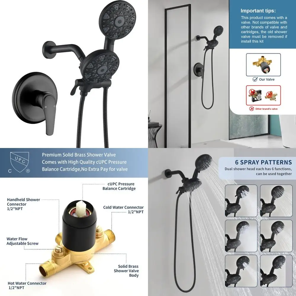 

Dual Shower Head and Handheld Combo Set with Matte Black Shower Faucet Complete Shower System Kit