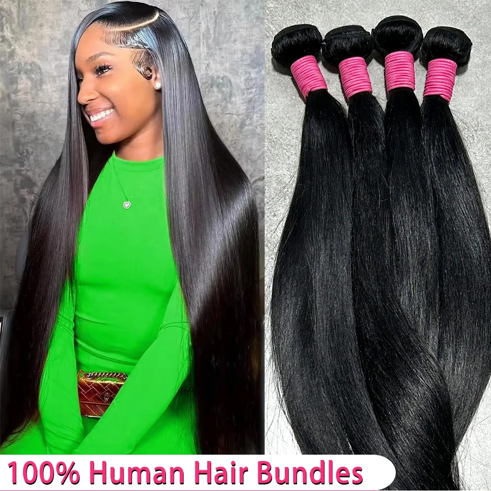 

Наборы прямых прядей из 100% натуральных необработанных человеческих волос (30, 32, 34 дюйма), 3 или 4 пучка, черные