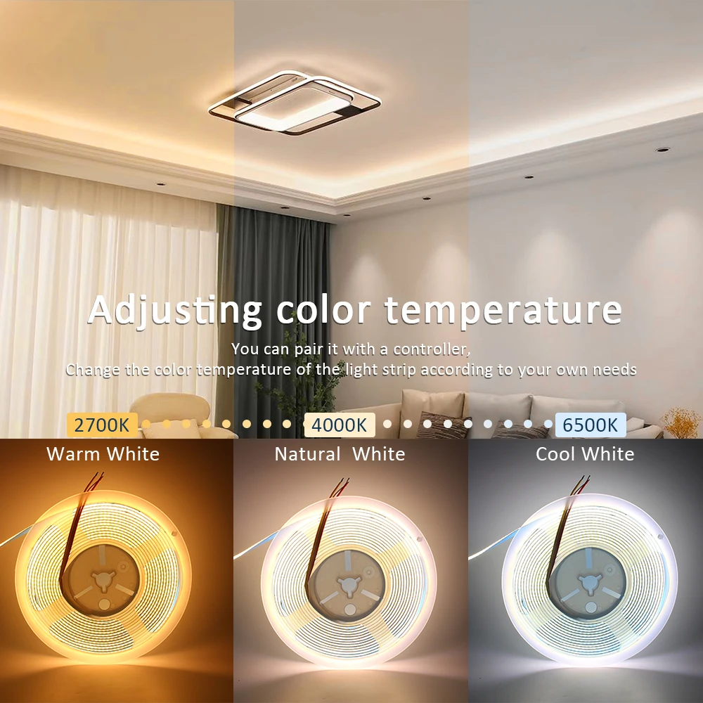Tira de Luz LED COB CCT de 12V 24V CC, 5mm 8mm 10mm, 608 LEDs/m, 2700K a 6500K, Cinta LED Lineal de Doble Color, RA90, Regulable