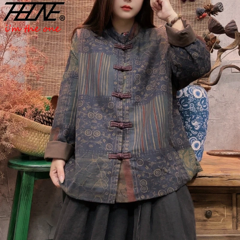 

Autumn Winter Jacket Women Parkas Coat Stand Collar Long Sleeve Loose Casual Chinese Style Button Down Cotton Padded Clothes