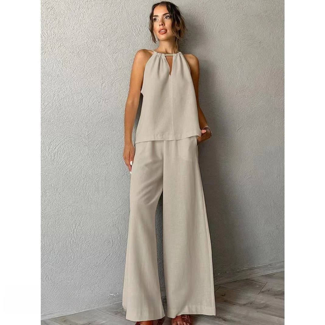 

Висячий комплект из жилета и брюк с вырезами, хлопковый круглый костюм из двух предметов для женщин, летний ансамбль Faion