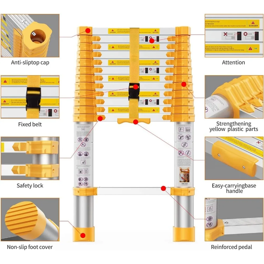 Escalera telescópica de aluminio, 15,5 pies plegable con pies antideslizantes, resistente para uso doméstico y al aire libre