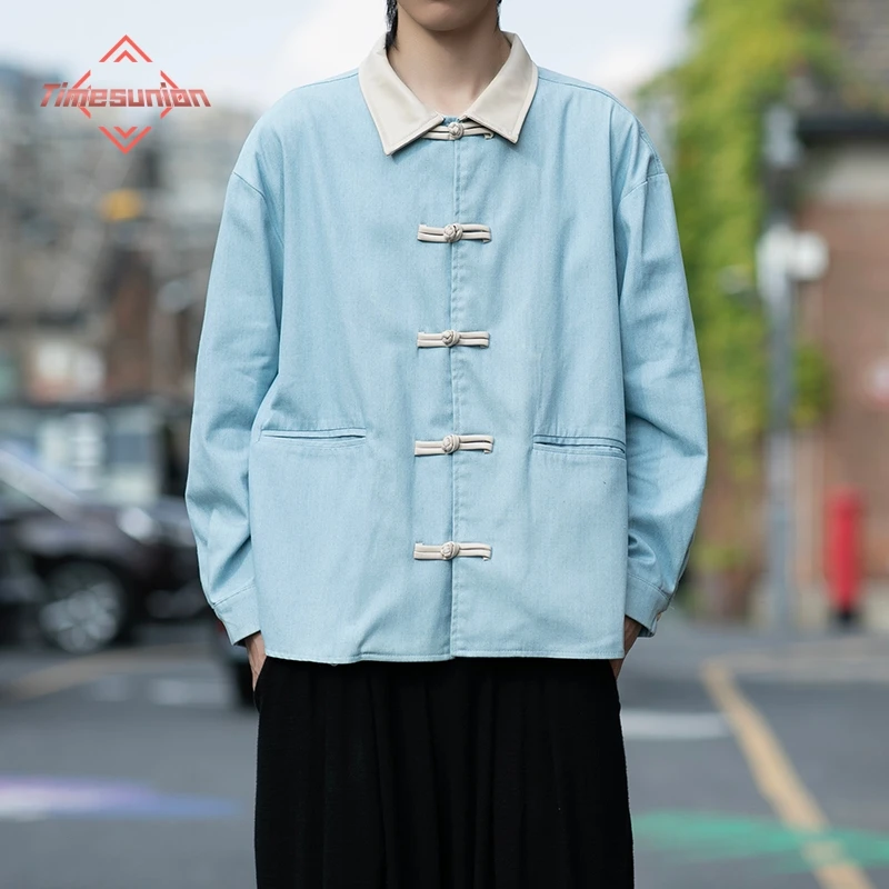 

Джинсовые куртки для мужчин, модная весенне-осенняя куртка в китайском стиле с пряжкой, мужской костюм Тан, верхняя одежда ханьфу