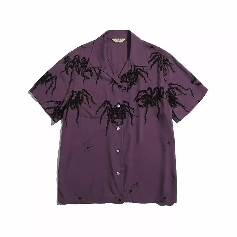 

American retro loose casual shirt niche design handsome spider print 2024 summer new short-sleeved style ins for men and women