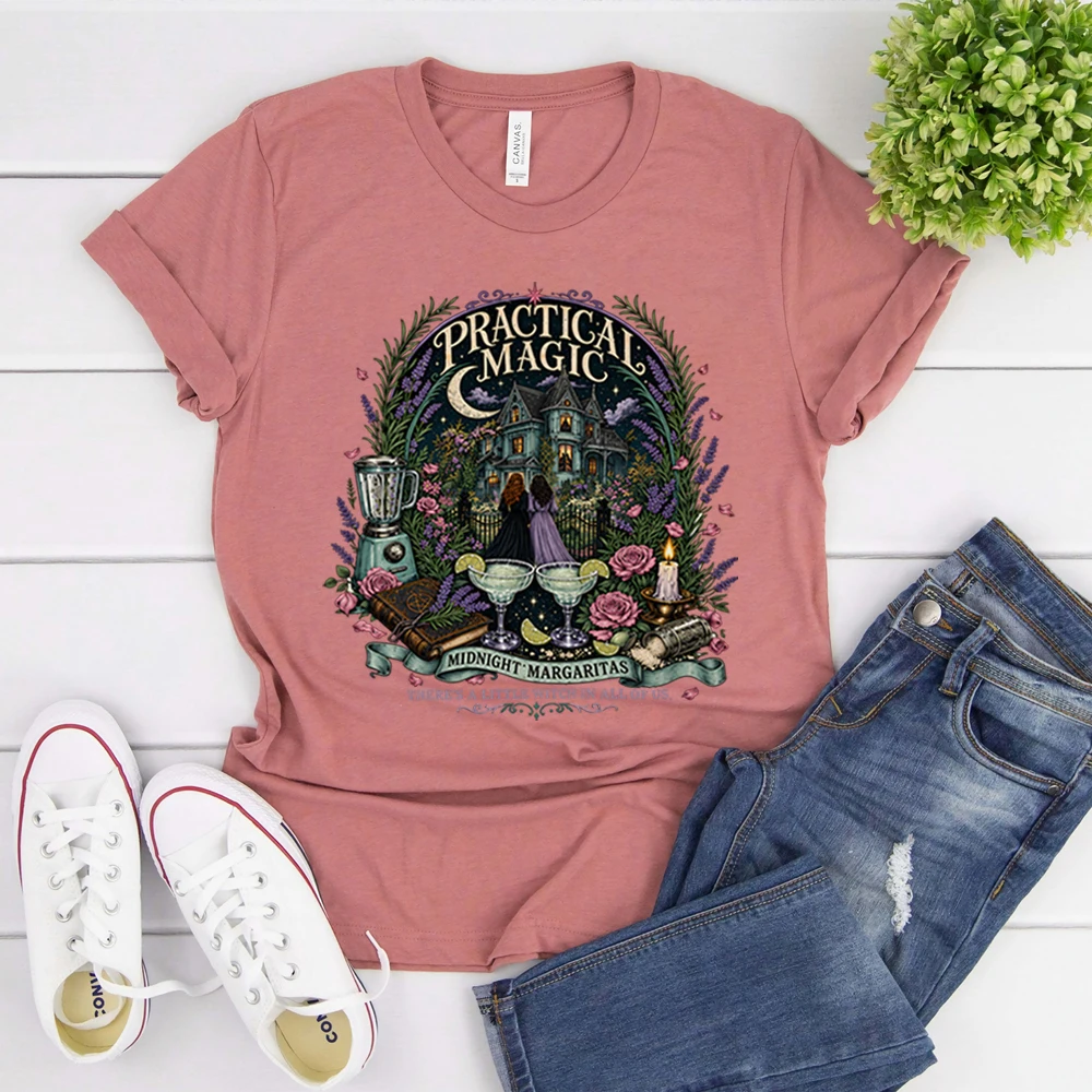 2026 Practical Magic Midnight Margaritas Witchy Halloween Shirt Spooky Tee Short Sleeve Gothic Punk T-shirt Trendy Halloween Top