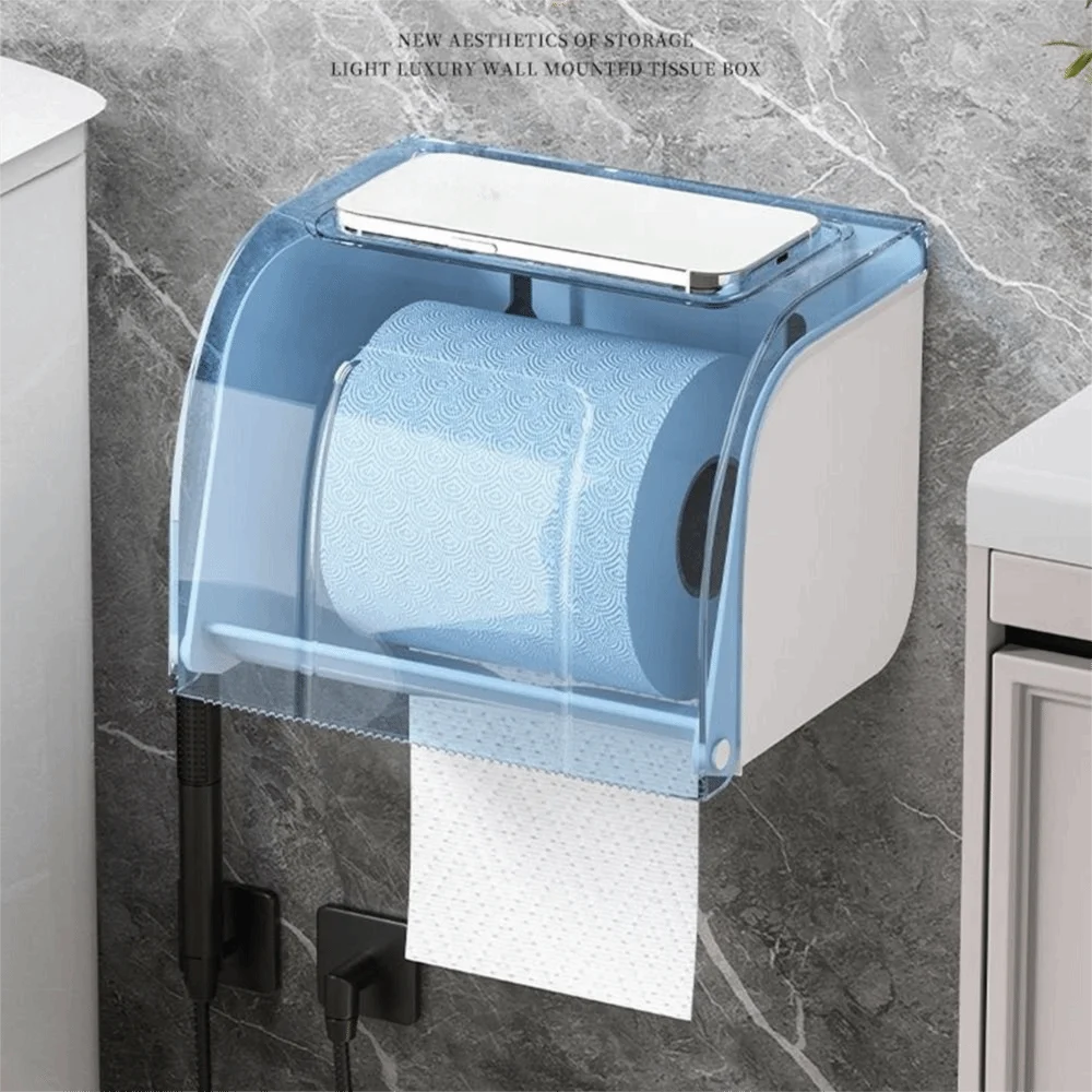 Waterproof Toilet Paper Holder Self Adhesive Flat Top Bathroom Tissue Box Widen Paper Outlet Space-Saving view 3