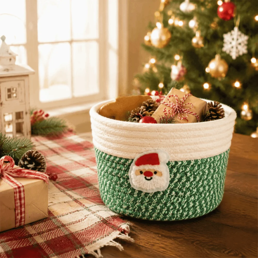 Multi-functional Christmas Woven Storage Basket Xmas Theme Santa Claus Hand Woven Storage Basket Cotton Rope Cute