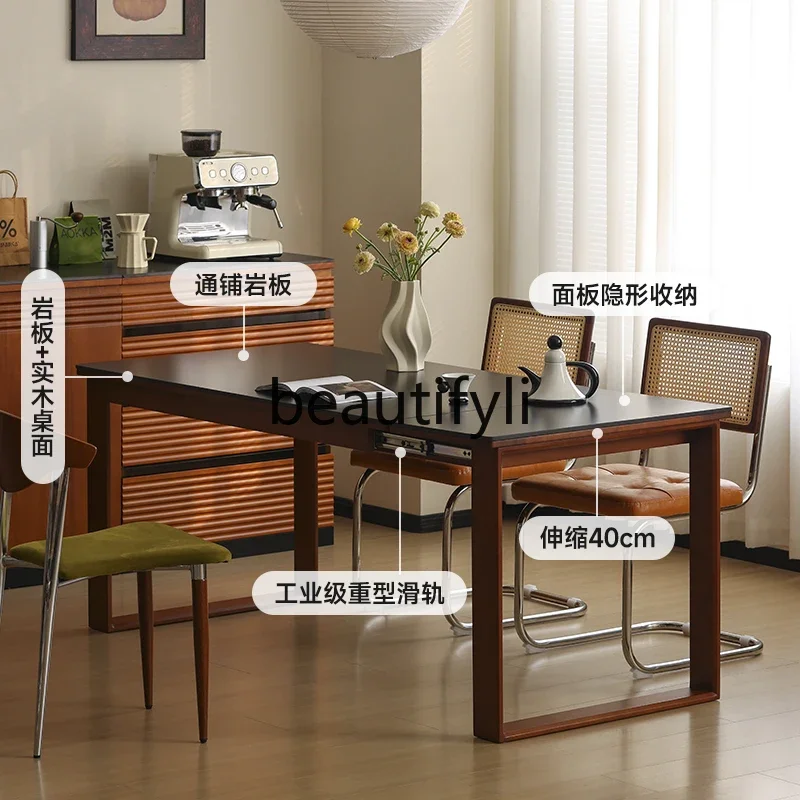 

A15 Nordic retro retractable rock slab dining table small apartment solid wood foldable dining table and chair combination