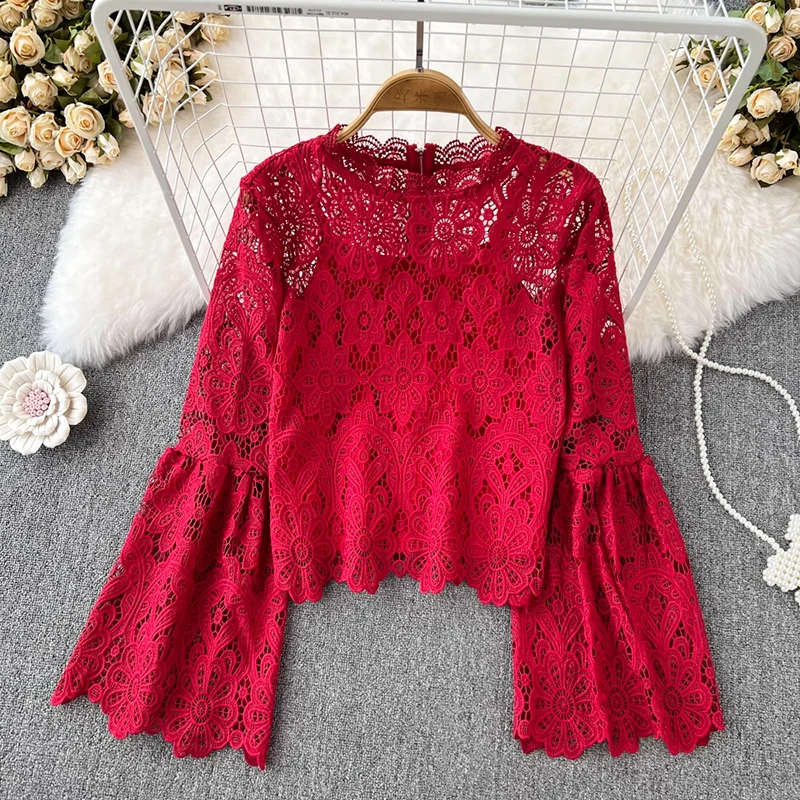 EWQ Fashion Hollow Out Lace Blouse For Women Round Neck Loose Long Sleeve Solid Color Zipper Tops Clothing 2024 New 27X651