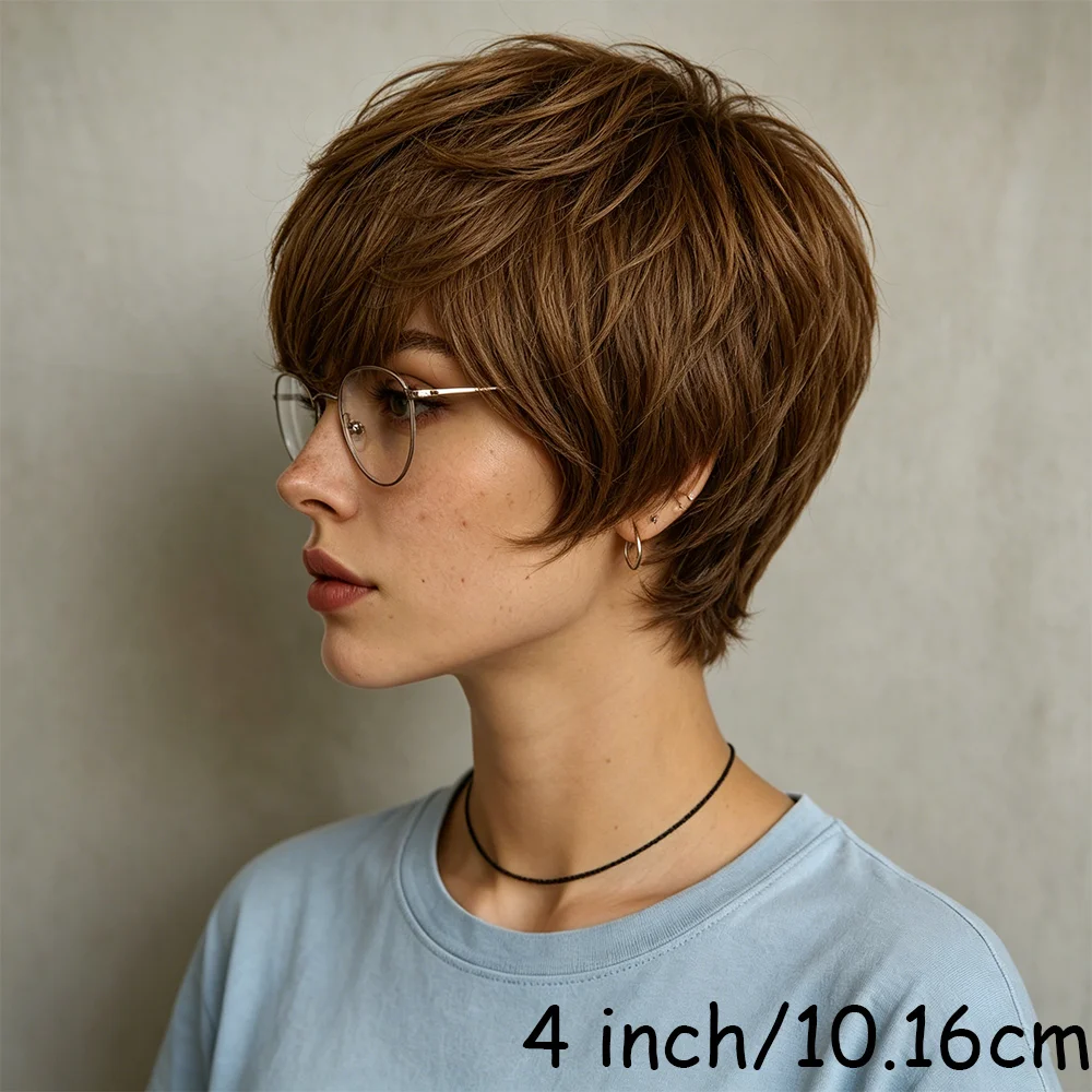 Short Brown Layered Straight Hairstyle Wig With Bangs, Natural Looking Human Hair Full Machine Made Pixie Cut Wig For Women