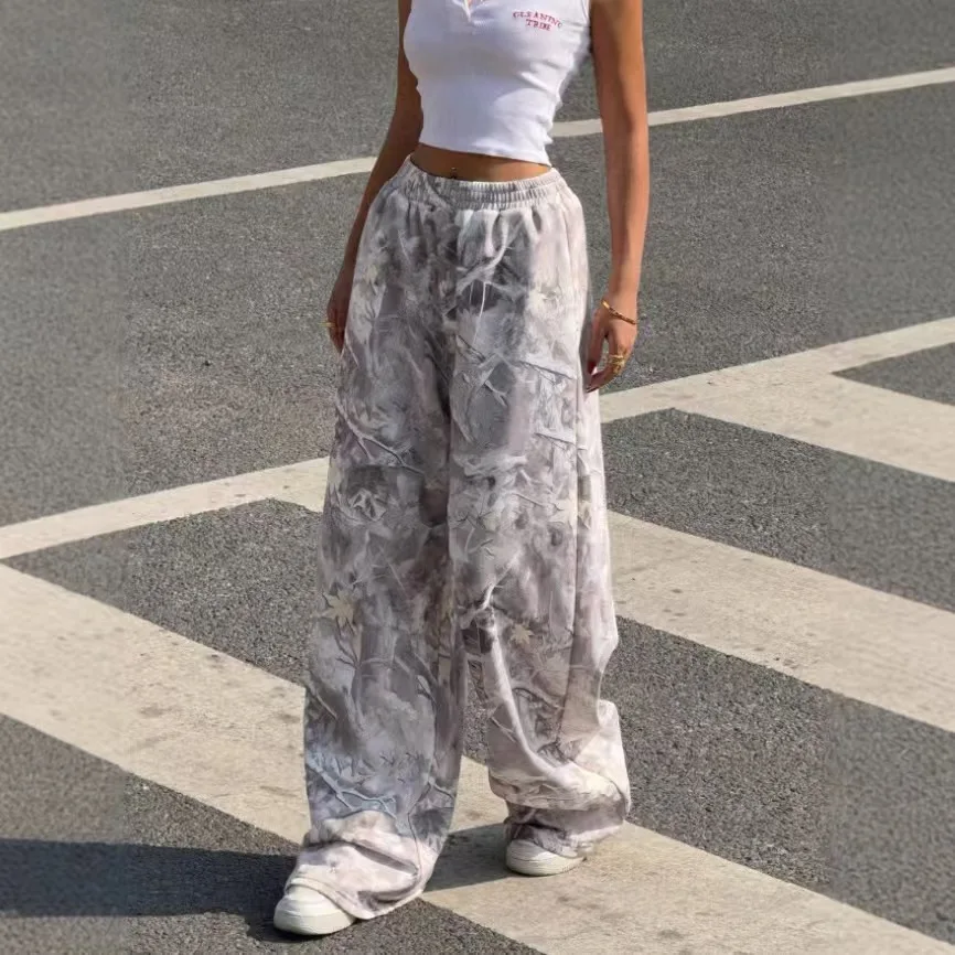Y2K Hip Hop Streetwear Quick Dry Trousers Unisex Tree Camouflage Printed Loose Wide Leg Drawstring Summer Sports Long Pants