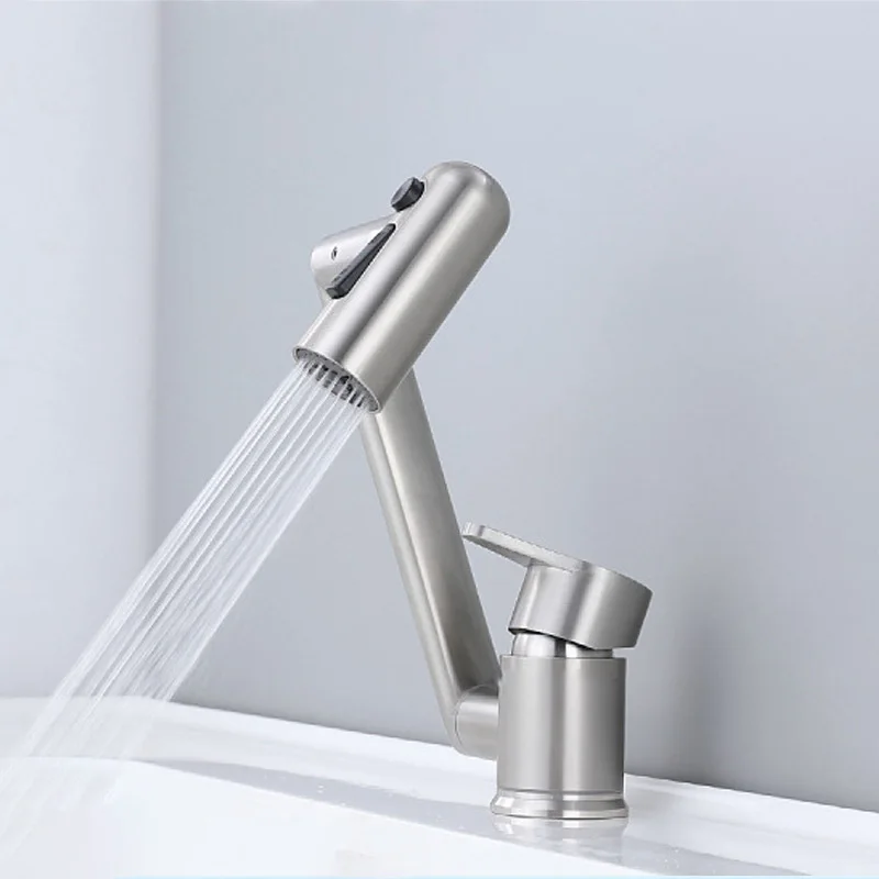 Stainless Steel Arm Swivel Washbasin Faucet Hot And Cold Mixer Water Tap Universal Folding Basin Tap Multi-function Stream Spray