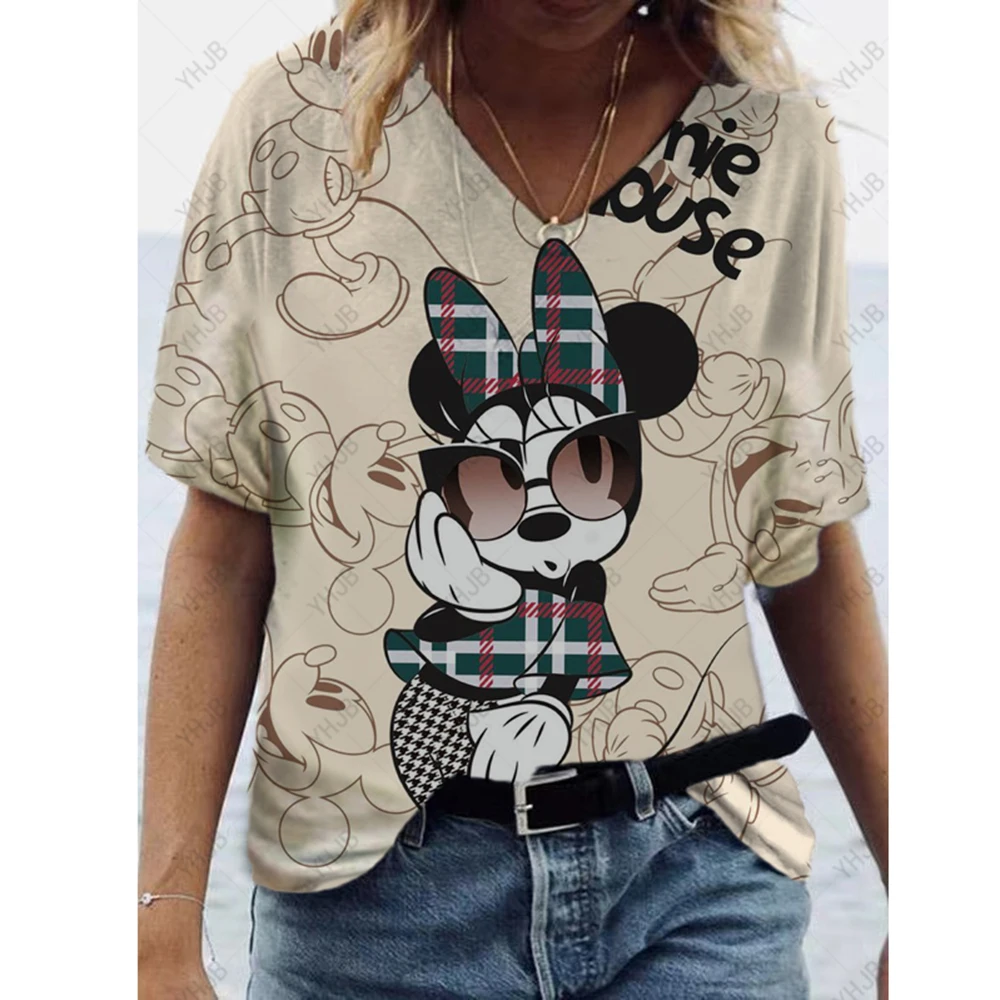 Women's Disney Minnie Mickey T Shirt Cute Graphic T Shirt Animal 3D Print Cotton V Neck Shirt Cute Top Girls Pet T Shirt