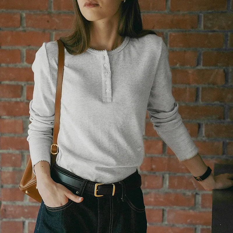 Elegant Cotton T Shirts Solid Long Sleeve Base Top Shirt Round Neck Single Breasted Gary Pullover Tops Women T-shirt Streetwear