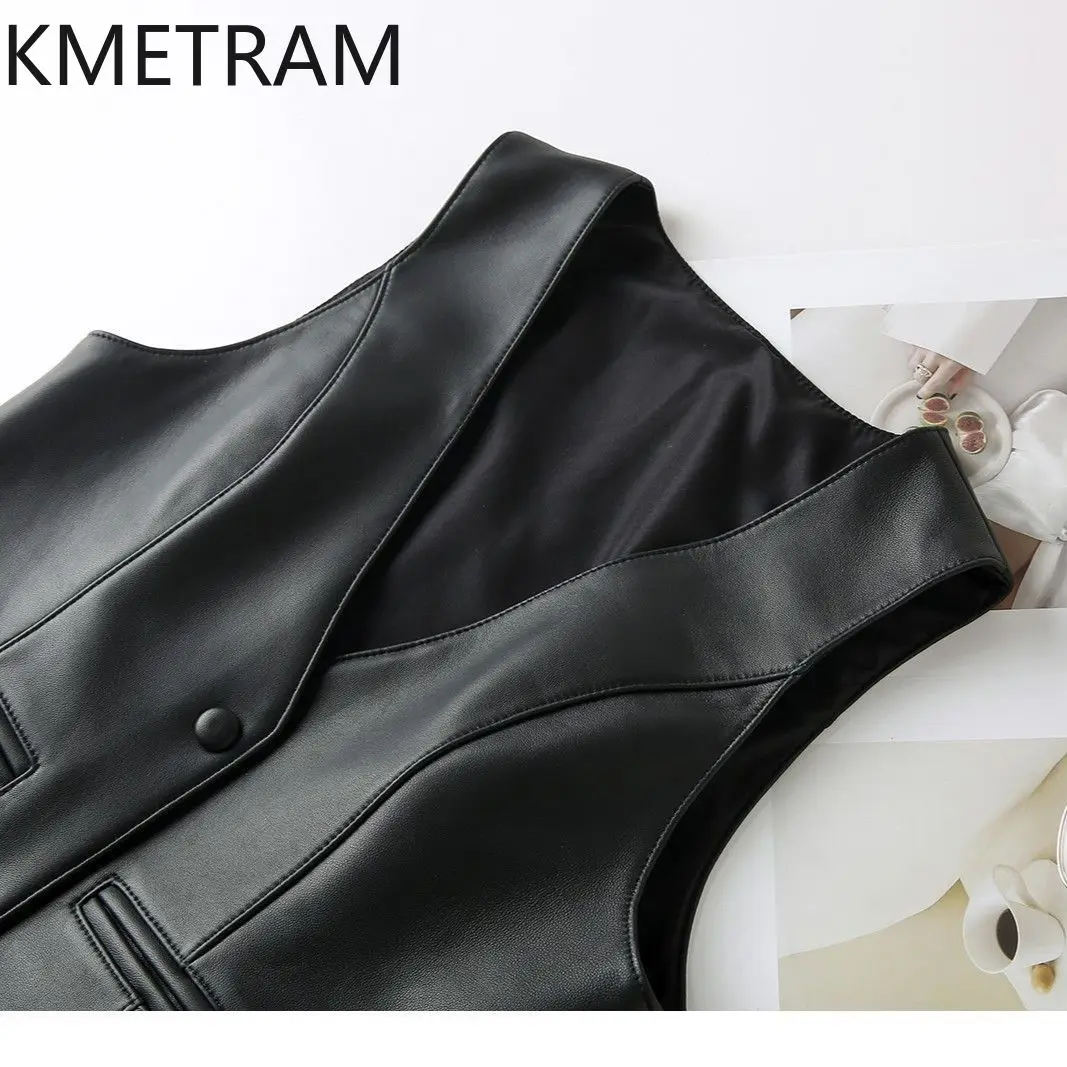 Kmetram echte Schaffell Leder weste für Frauen Frühling Herbst Kleidung vielseitige Tanks 2024 neue Tops Slim Fit Ropa de Mujer