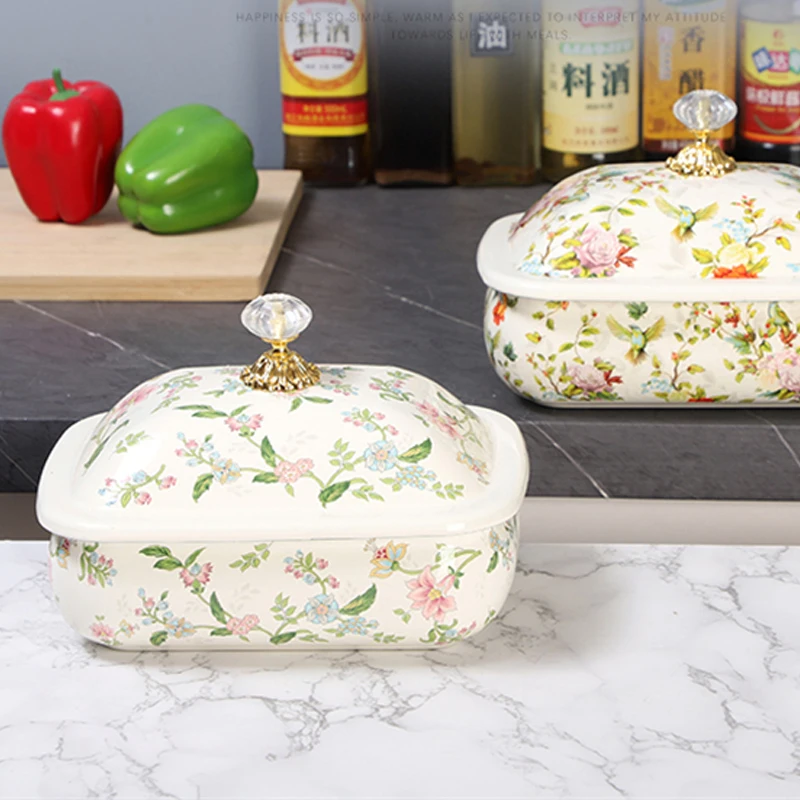 Bacino di zuppa smaltato con coperchio extra lavabo smaltato spesso modello di uccello fiore Vintage organizzatore di immagazzinaggio della cucina stoviglie per feste