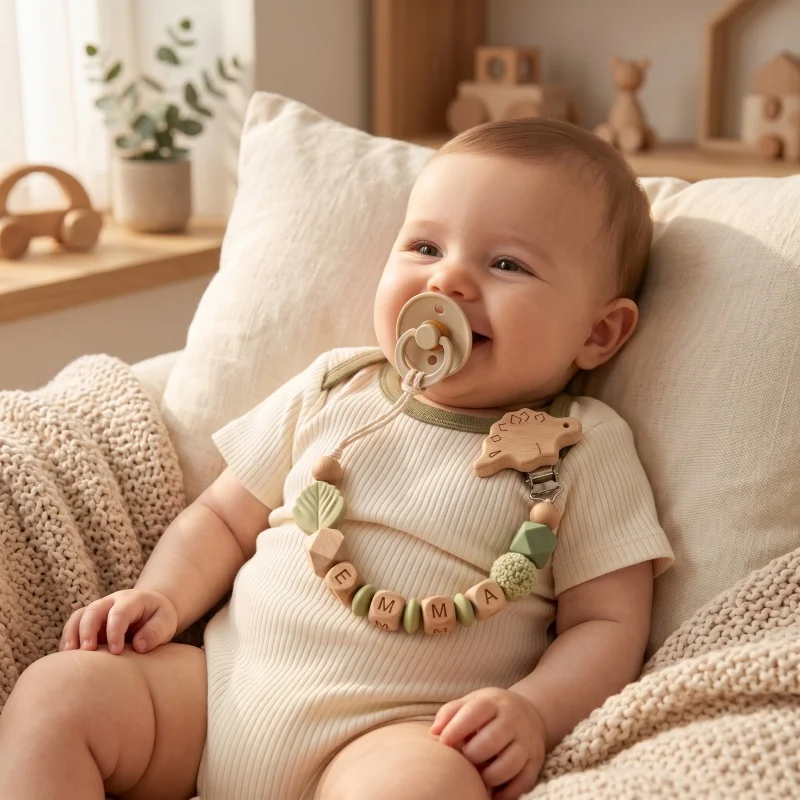 Personalized Name Pacifier Clip Silicone Wooden Dinosaur Baby Teether Holder BPA Free Custom Soother Chain Handmade Dummy Clip