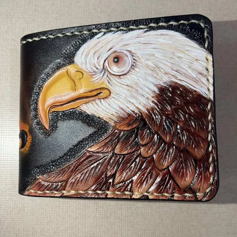 

Handmade Short Carving Eagle Wallets Purses Women Men Clutch Vegetable Tanned Leather Wallet Card Holder Cartera Hombre