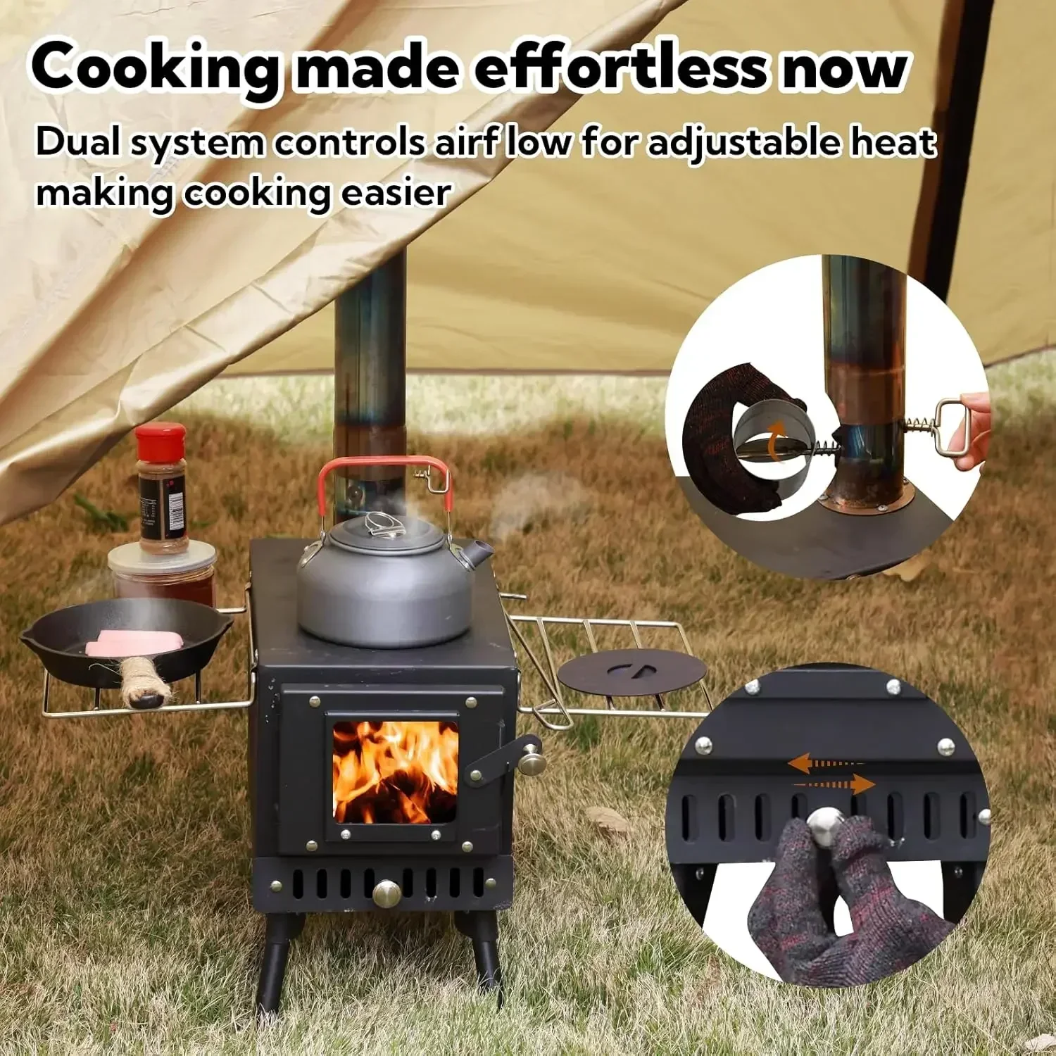 [XMSJ-¡Stock limitado, ¡Compre ahora! ] Estufa de camping plegable portátil a leña: incluye tuberías de chimenea y pararrayos para tienda H