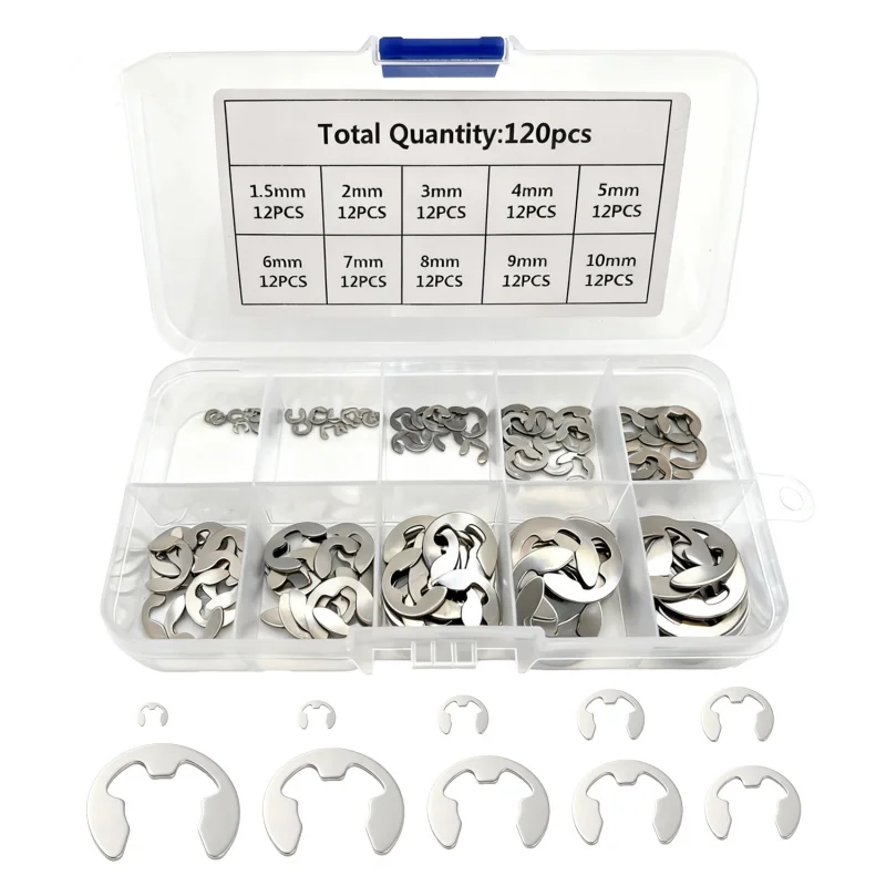 Kit de 120/200 Piezas de Anillos de Retención Externos Tipo E, M1.5-M10, Acero Inoxidable 304, en Caja