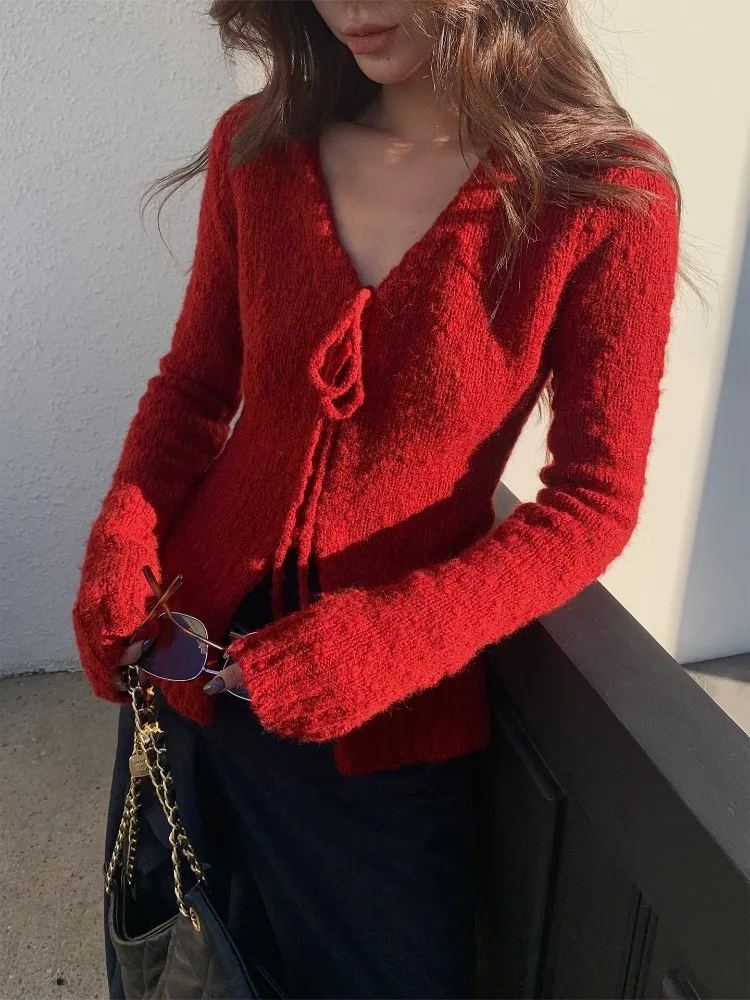 【MAR】Women's Spring Wool Blend V Neck Red Sweater Cardigan Waist Tie Long Sleeve Top