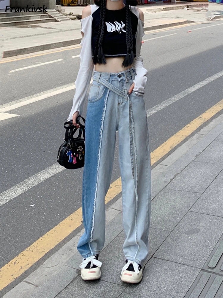 

Tassel Jeans Women Washed Leisure Denim High Waist Elegant Full Length Straight All-match Trendy Simple Pockets European Style