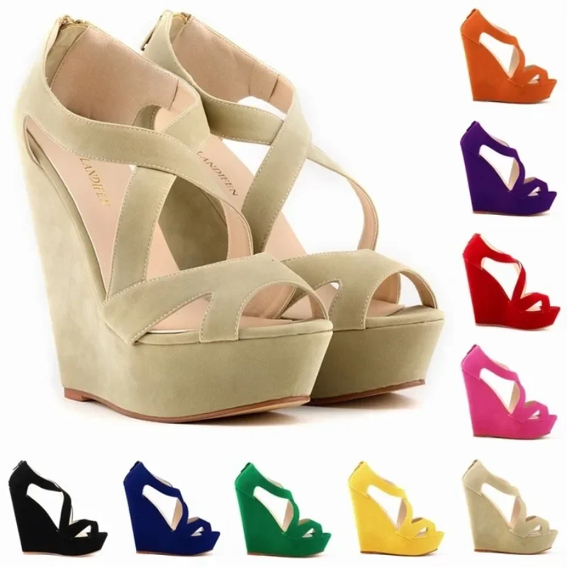 LOSLANDIFEN Women Sandals Sexy Party Wedding Platform Open Toe Flock 14CM Wedges high heels Mature Outdoor Women Shoes white