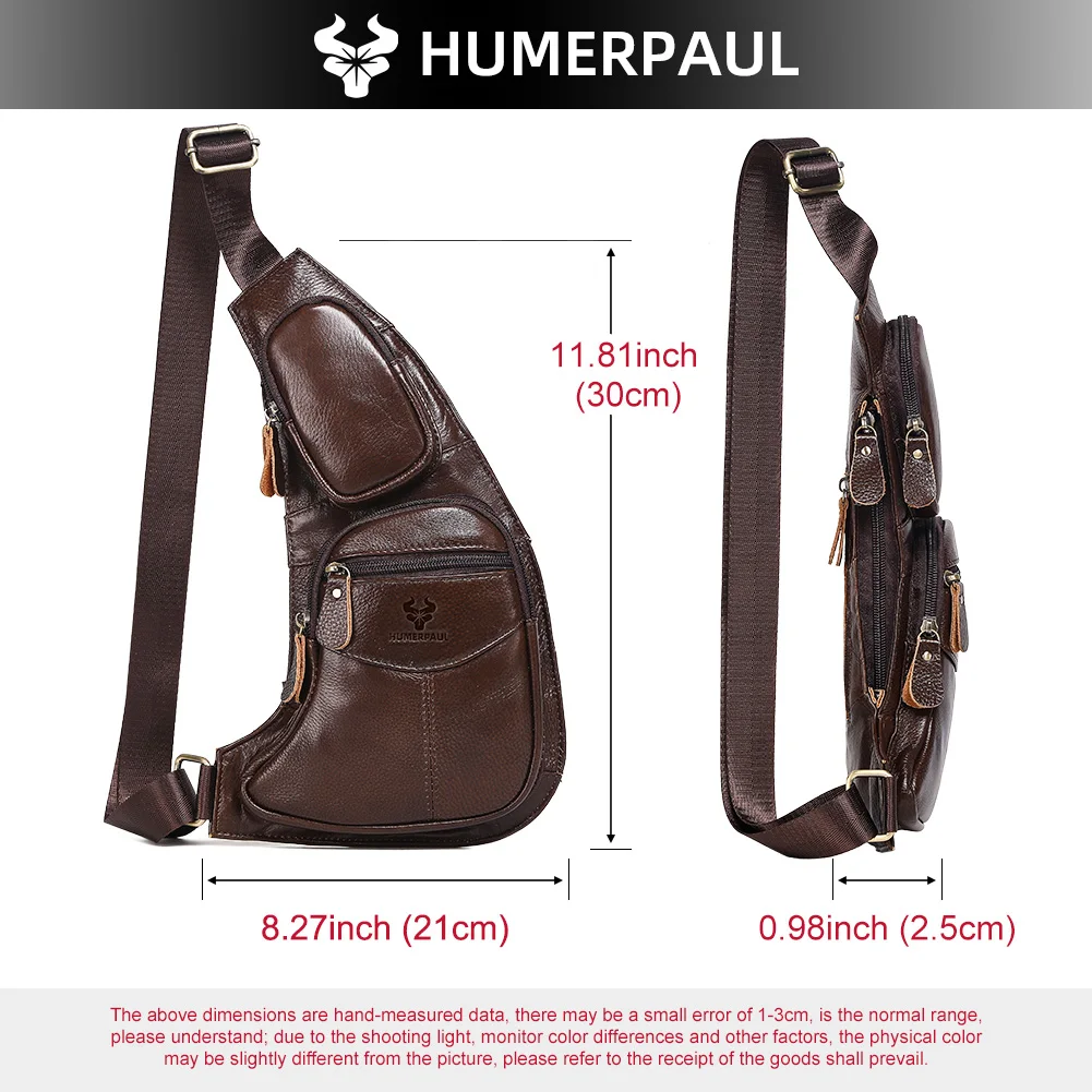 HUMERPAUL Retro-Leder-Brusttasche für Herren, große Kapazität, einschulterige Umhängetasche, Outdoor-Reisen, Wandern, Camping, Handy-Packung