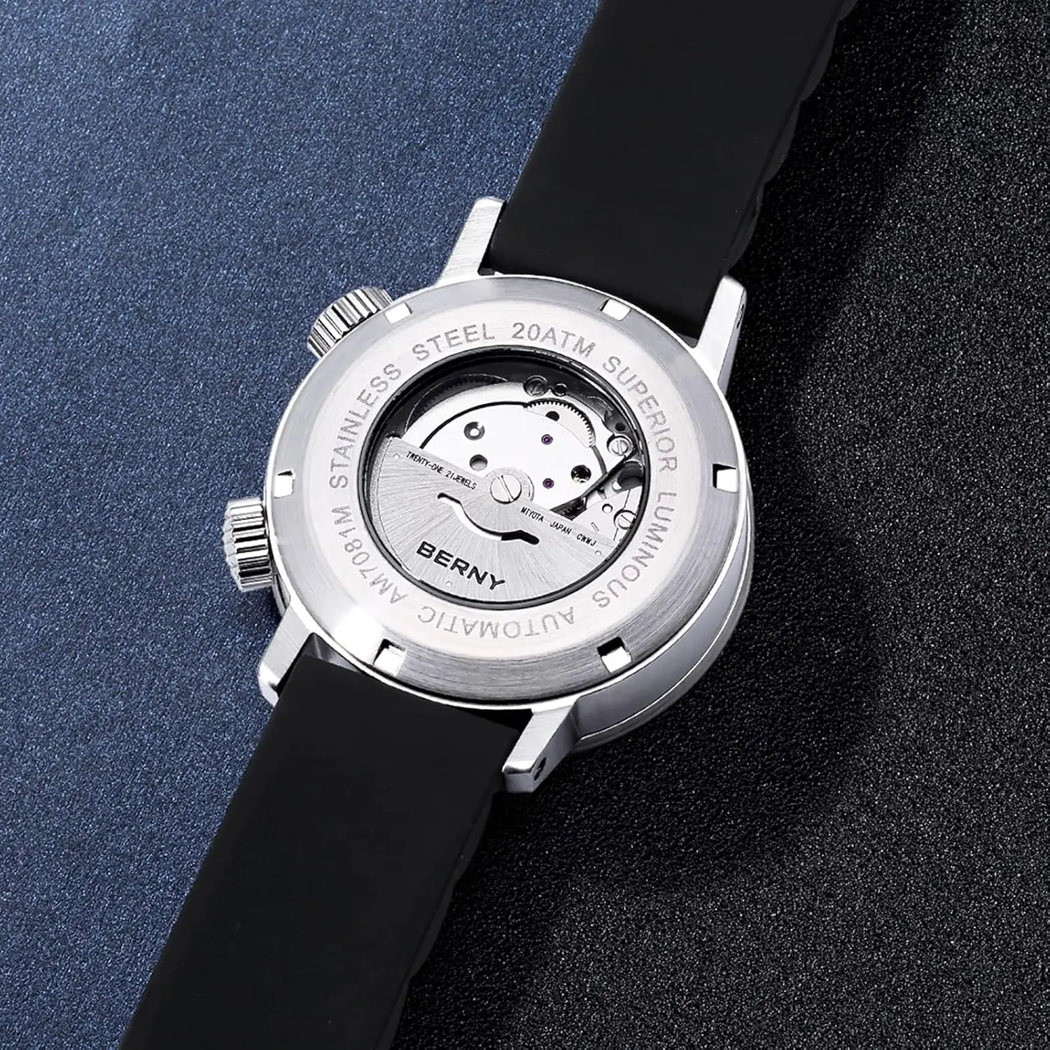 Relógio de mergulho mecânico automático para homens com corda automática, à prova d'água 20ATM, vidro safira, pulseira de silicone super luminosa