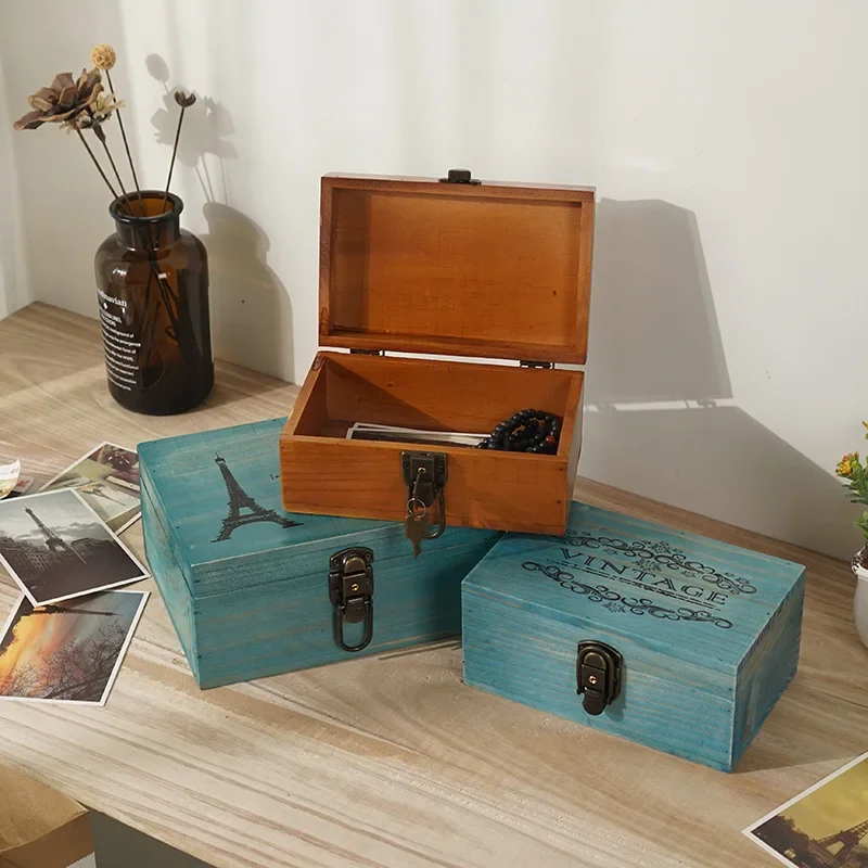 Retro Solid Wood Square Storage Boxes with Keys Desktop Treasure Chest Lockabl Solid Wood Gifts Craft Handmade Storage Box