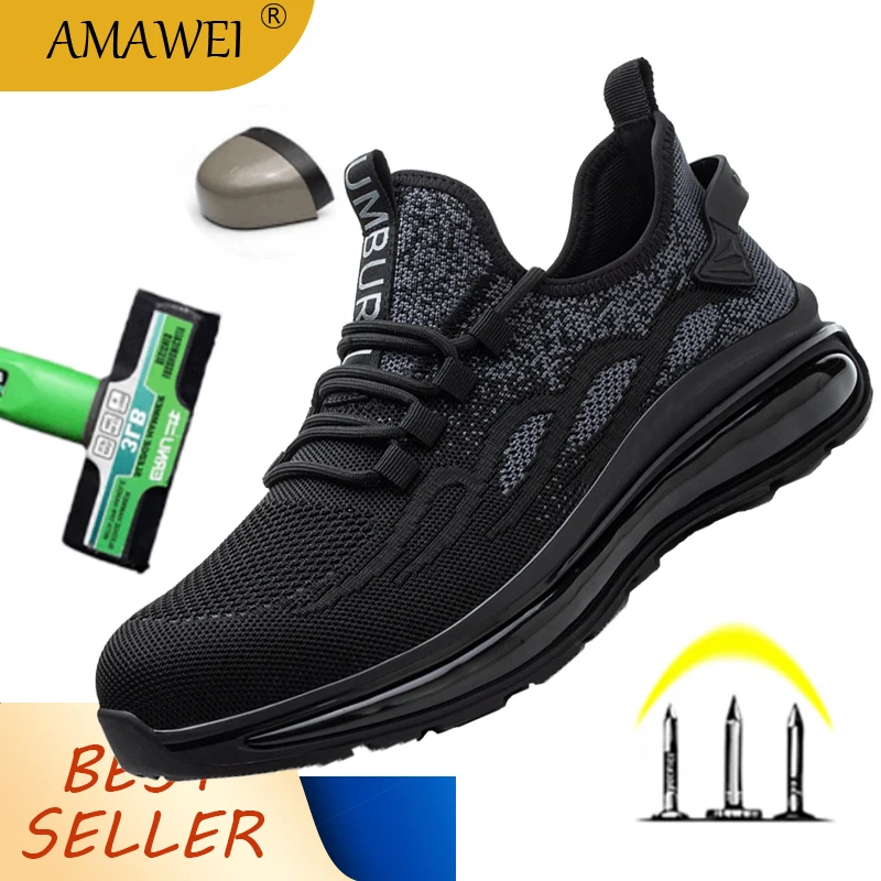 Women Air Cushion Work Safety Shoes For Mesh Breathable Sneakers Steel Toe Shoes Anti-puncture Safety Protective Shoes Anti-slip