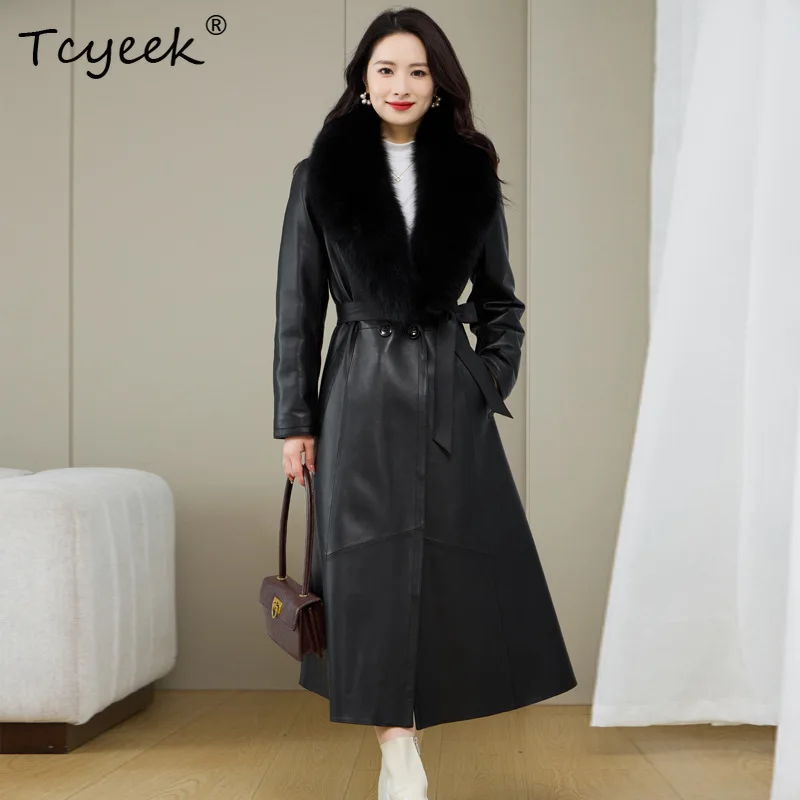 Tcyeek リアルシープスキン秋冬トレンディスーツカラーフォックスファーブラックロング女性の本革ジャケット Женская Кожаная Куртка
