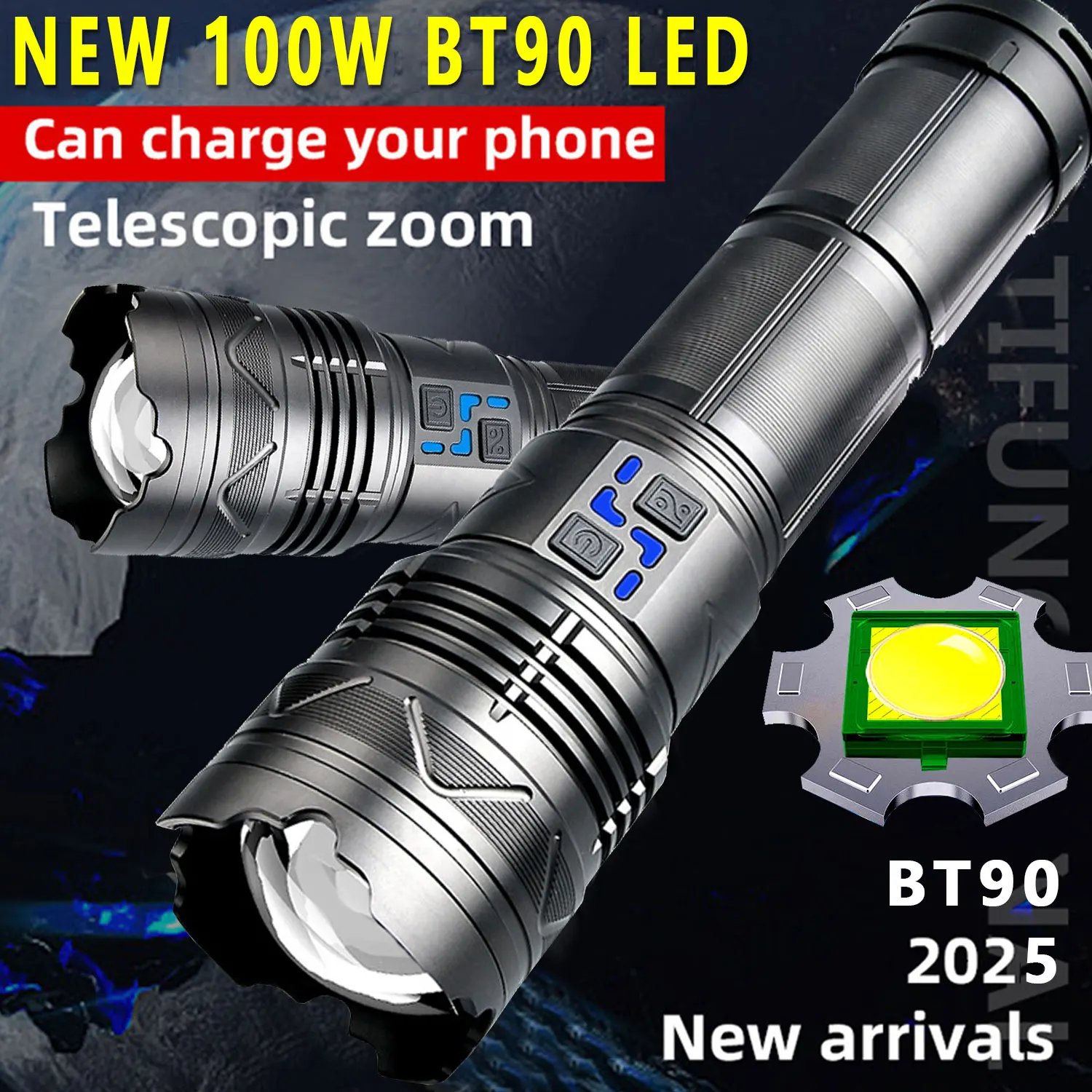 100W LED BT90 Flashlight, Ultra Long Runtime Zoomable Rechargeable Torch, Powerful LED Flashlight For Outdoor
