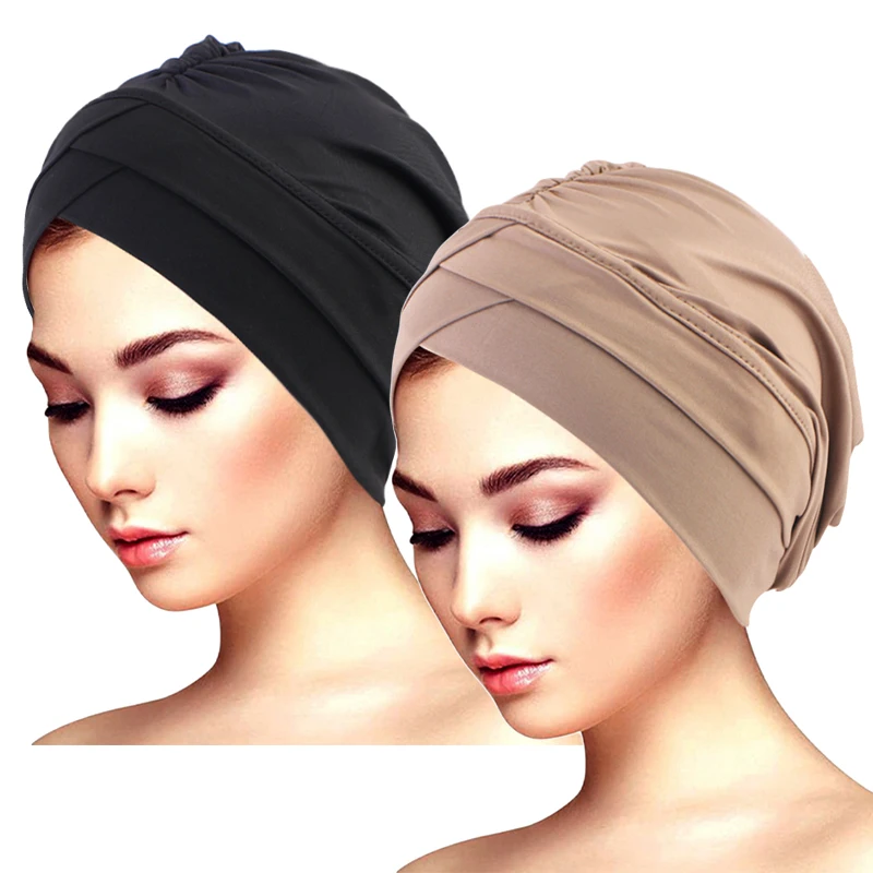 2PCS/LOT Classic Pleated Turban Hat Elegant Solid Color Head Wraps Headscarf Breathable Elastic Beanies Chemo Cap