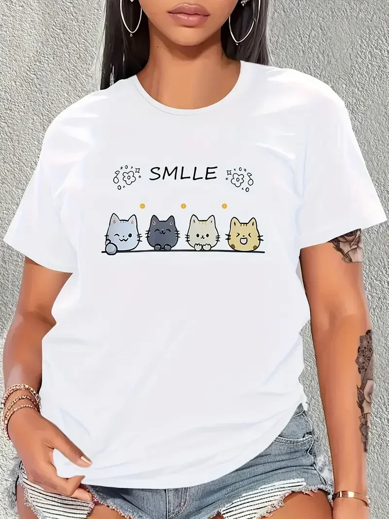 Smiling Cat print women's T-shirt, fun cartoon shirt, Kawaii 2024 Cat Fan casual fashion short sleeve top, chic, street wear