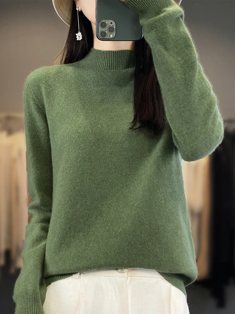 Merino Wool Sweater Women's Semi High Neck Casual Fashion Base Sweater Soft Knit Sweater