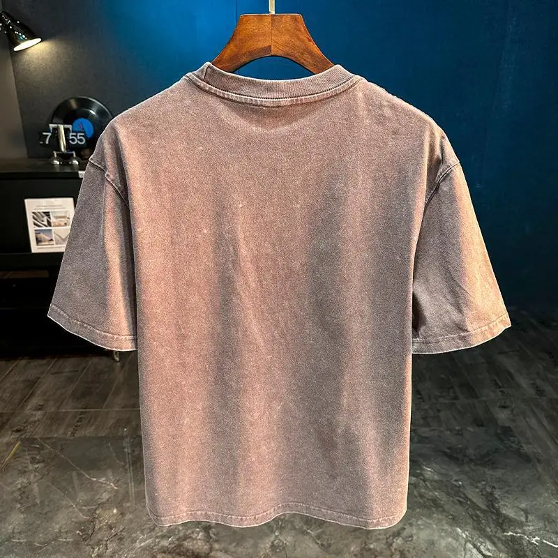 تي شيرت بأكمام قصيرة مطبوع عليه طراز ريترو للرجال في الصيف، قميص كاجوال فضفاض ثقيل الوزن نصف كم برقبة دائرية