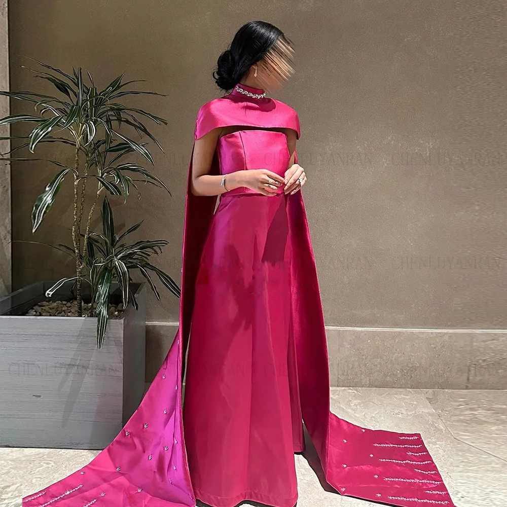 Hot Pink Satin Formal Occasion Dresses 2024 2 Pieces Set Long Ball Gowns Beading Elegant Evening Party Gown فساتين الحفلات