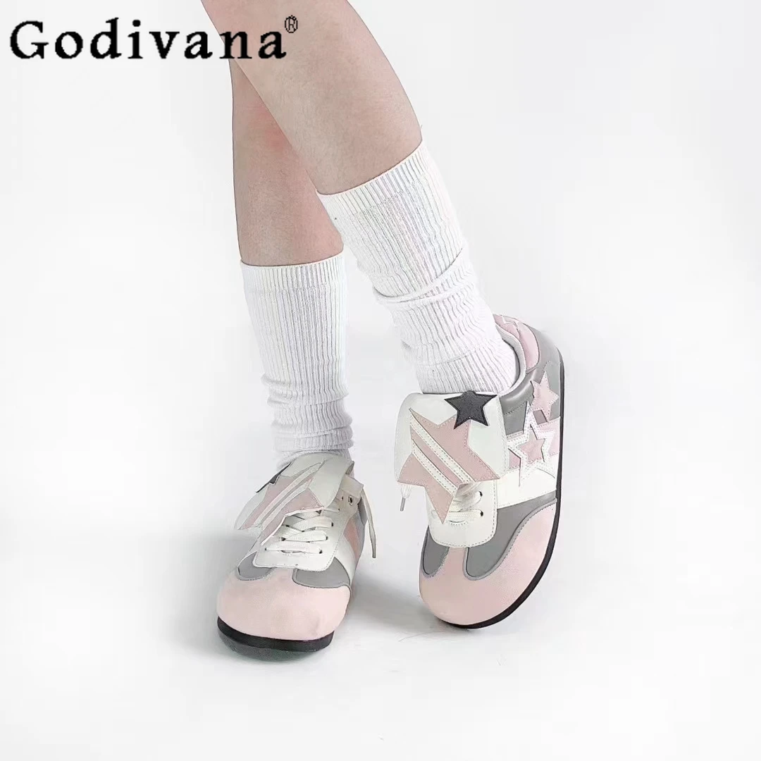 Lolita Casual Flat Shoes Cute Girl Women's Low Heel Round Toe Star Pattern Puff Shoes Color Block Woman Sneakers