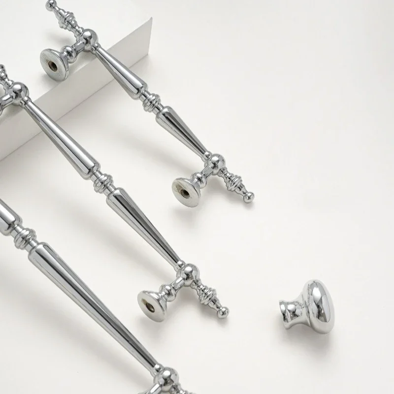 Chrome Plated Silver Furniture Handles French Wardrobe Pull Modern Minimalist Solid Single-Hole Drawer Knob Cabinet Door Handles