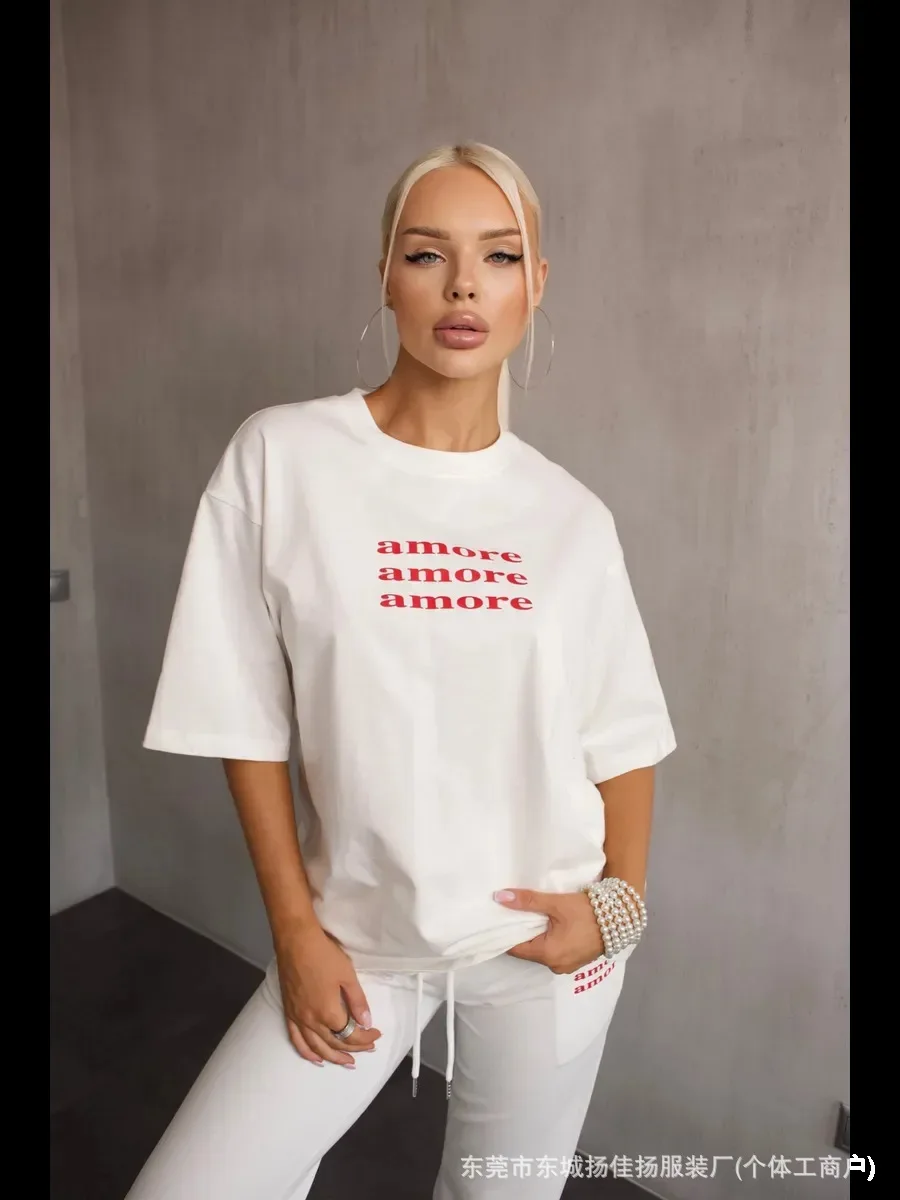 Women Minimal Amore Triple Red Letter Print Oversized Short Sleeve T-Shirt Crew Neck Loose Fit 100% Cotton Soft Breathable Basic