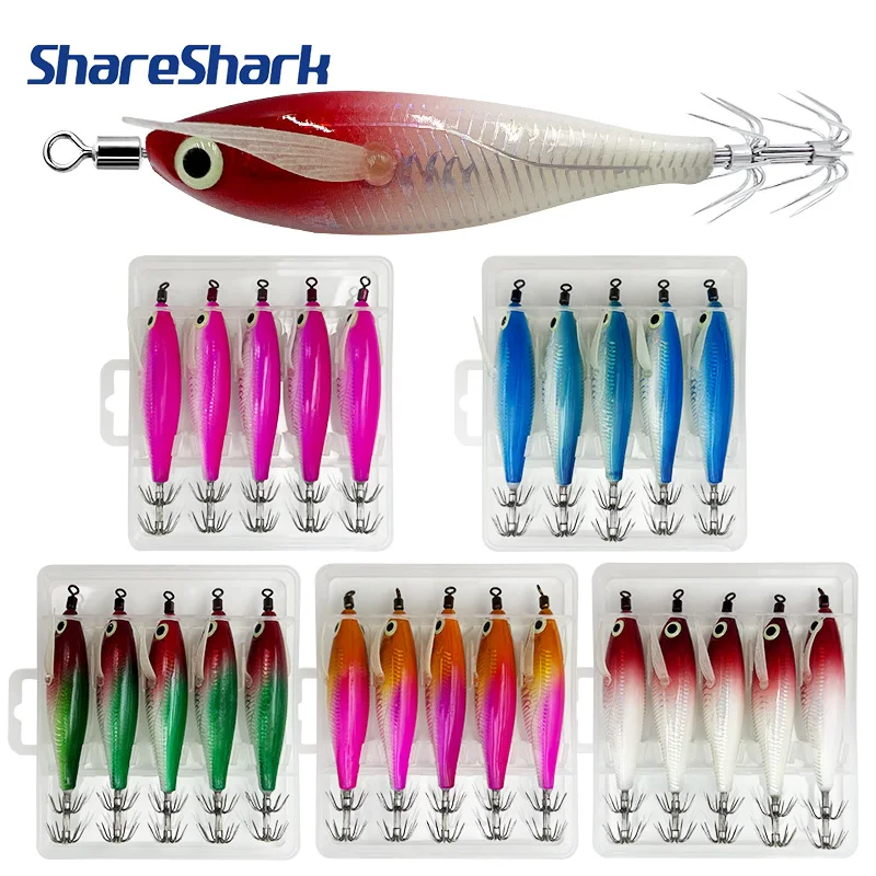 ShareShark 5 Stück/Box Leuchtendes horizontales Garnelen- und Tintenfischhaken-Hartköder-Set, geeignet für Meeresangeln auf Tintenfische und Oktopus.